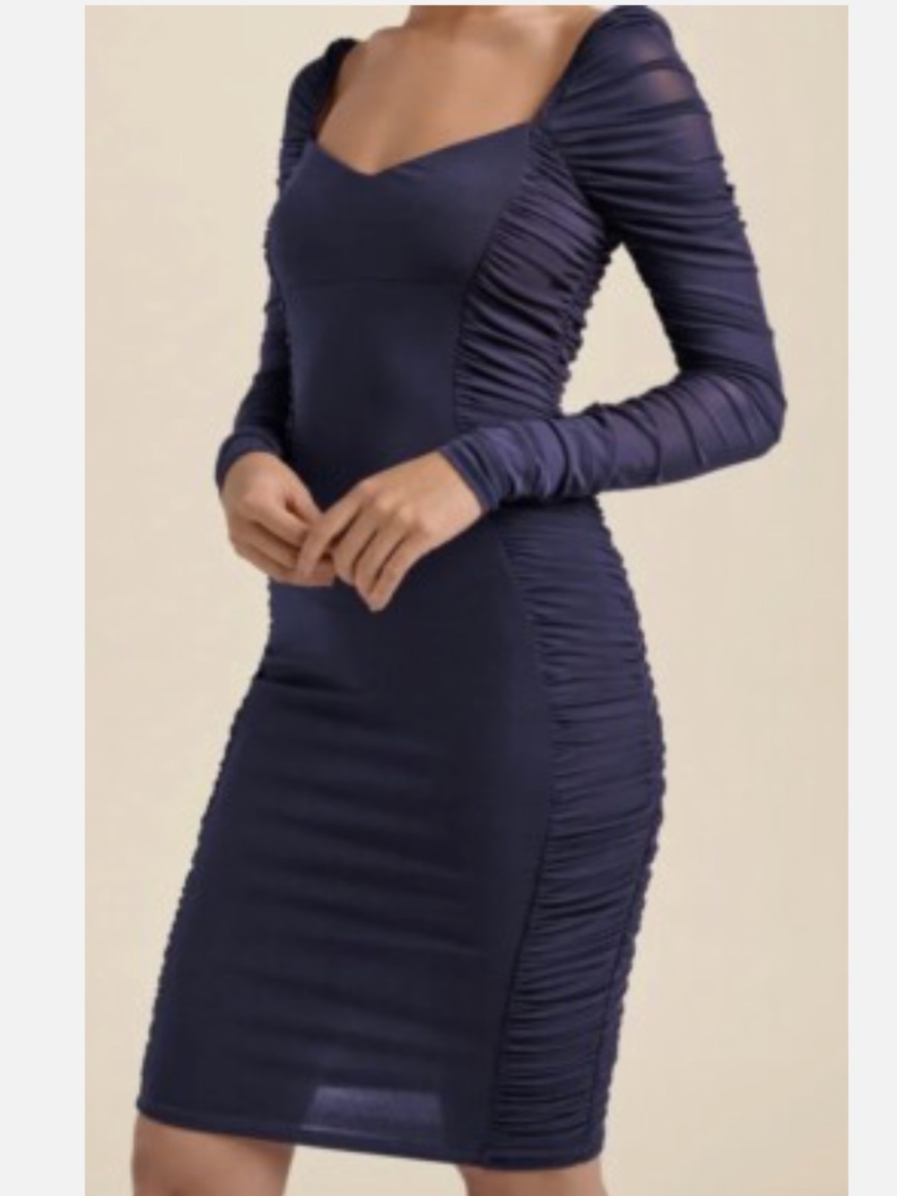 VENUS Navy Ruched Mesh Sleeve Bodycon Dress